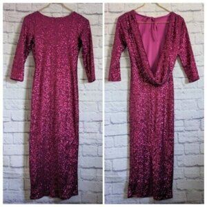 ASOS Sequin Open Back Midi Dress 4 Hot Pink Cocktail Party Glam Slit Sparkle